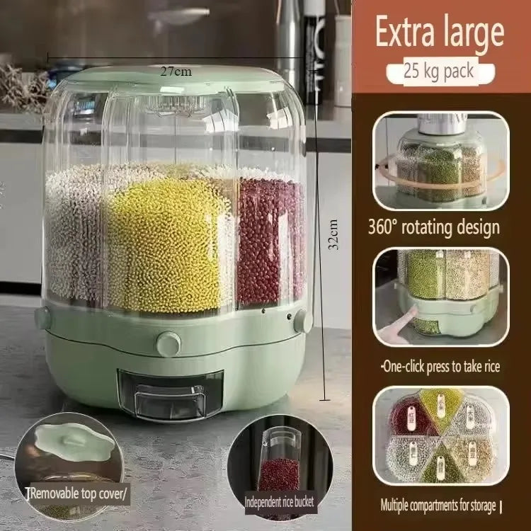 360 Degree Rotating Grain Storage Container Food Dispenser Sealed Insectproof Rice Grain Storage Container Kitchen Accessories