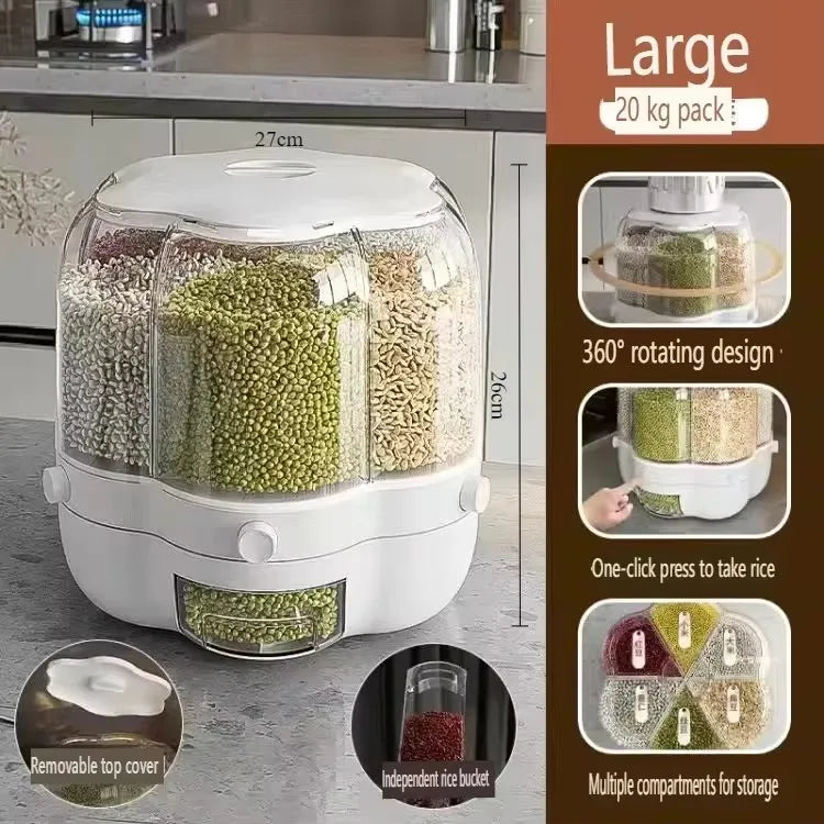 360 Degree Rotating Grain Storage Container Food Dispenser Sealed Insectproof Rice Grain Storage Container Kitchen Accessories