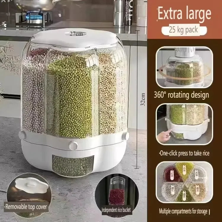 360 Degree Rotating Grain Storage Container Food Dispenser Sealed Insectproof Rice Grain Storage Container Kitchen Accessories