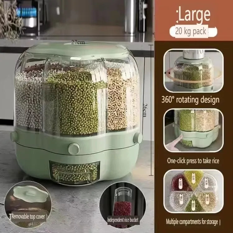 360 Degree Rotating Grain Storage Container Food Dispenser Sealed Insectproof Rice Grain Storage Container Kitchen Accessories
